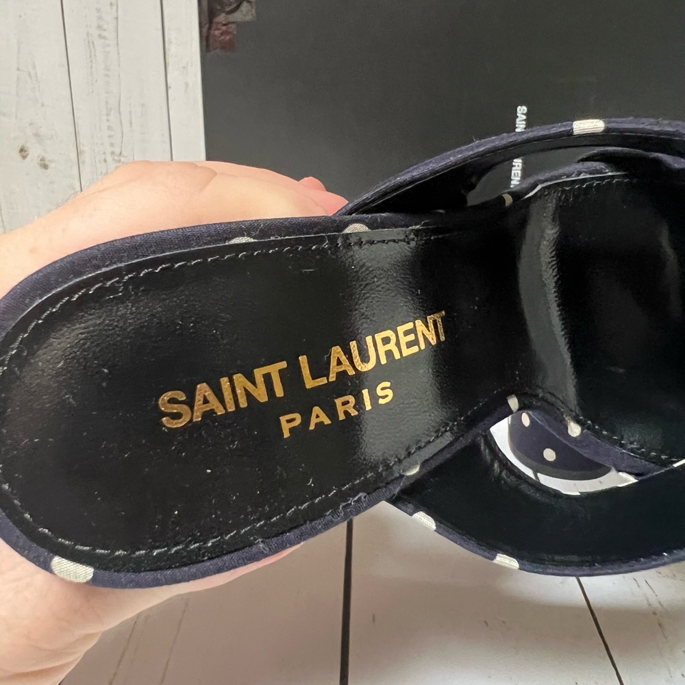 Saint Laurent Bianca 100 Polka Dot Satin Sandal Marine Navy/White Sz 37 / 7 - Picture 9 of 11